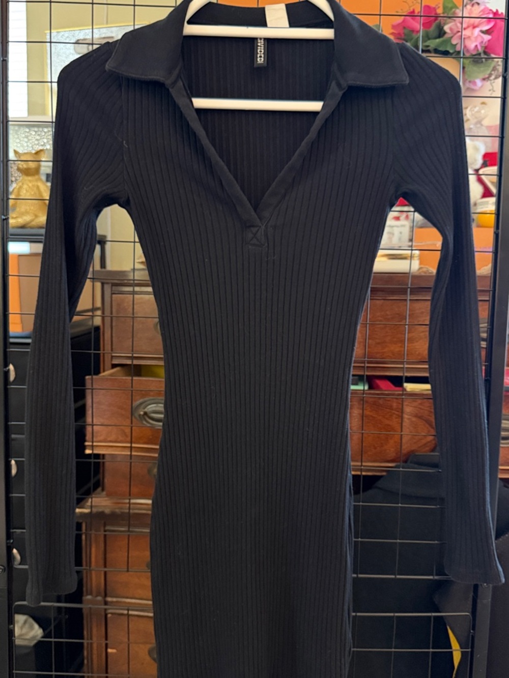 Y2K Black Ribbed Long Sleeve Polo Bodycon Dress